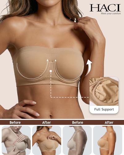 Image of HACI Women's Non Padded Strapless Bra Underwire Bandeau Seamless Multiway Supportive Tube Top