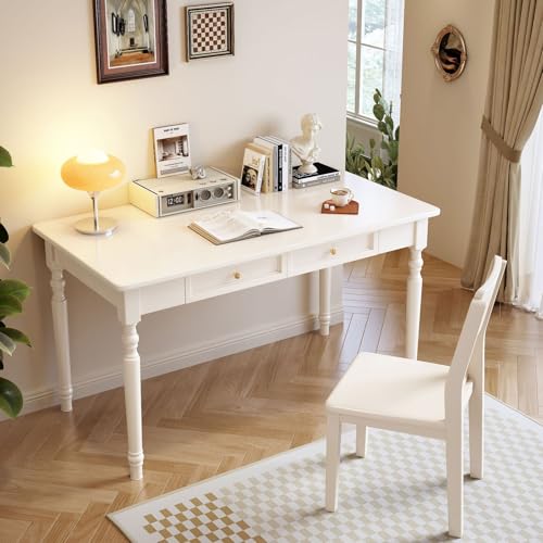 QTQHOME Escritorio moderno de mediados de siglo, escritorios de madera de goma con cajones, mesa de escritura de estilo simple para dormitorio, sala de estar, oficina en casa (140 x 60 x 75 cm, blanco