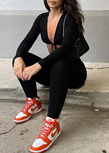 Hilinker Women's Sexy V Neck Long Sleeve Cut Out Jumpsuit Bodycon Long Pants Rompers Black Small #TOP3