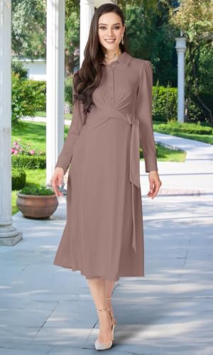 Image of KOH KOH Womens Long Sleeve Flowy Wrap Collar Fall Modest Office Midi Dress