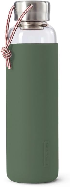 BLACK + BLUM Travel Glass Water Bottle | Lightweight, Leak Proof Flask w/ Protective Sleeve & Stainless Steel Lid | Hot or Cold Drinks for Travel, Office & School for All Ages | Olive, 20 oz / 600 ml