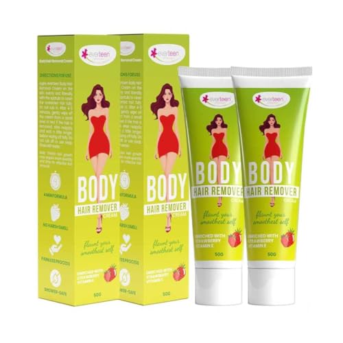 Image of everteen Strawberry Hair Removal Cream for Women 2 x 50g, Suitable for Legs, Hands, Underarms & Back, Painless Hair Remover Cream for Girls with Spatula, All Skin Types - Pack of 2
