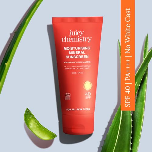 Juicy Chemistry Moisturising Mineral Sunscreen Fortified with Aloe Vera & Argan, 50 gm | Broad Spectrum SPF 40 PA+++ | Lightweight | Non-Greasy Daily Sunscreen | 100% Mineral & Organic