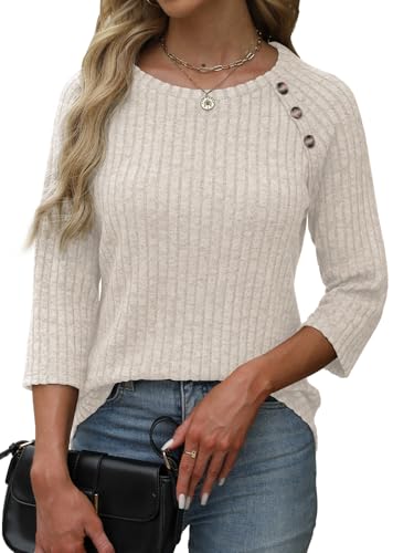 Womens Sweaters Fall Fashion 3/4 Length Sleeve Tops Crew Neck Button Shirts Casual Pullover Cute Winter Clothes4