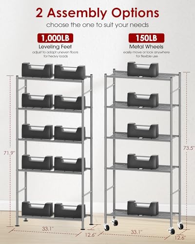Image of Sakugi 5-Tier Storage Shelves 33.1 inch x12.6' x73.5 Silver with Wheels