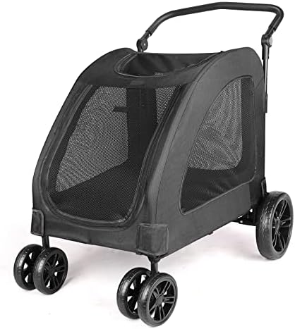AESRAOU Large Dog Travel Stroller with 4 Heavy Duty Wheels Pet Stroller with Adjustable Handle - Double Doggie Capacity Jogger Wagon with Back Front Door for Small Medium Large Dogs (Black)