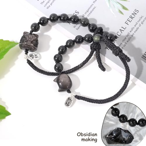 Image of 2pcs Black Obsidian Couples Bracelets with Wealth-Attracting Cat and Pixiu Design - Energy Purification, Good Luck Gift for Anniversary - Unisex Matching Bracelets for Couples -Lucky Cat