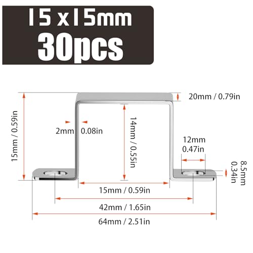 mawmuaw 30 szt. obejmy do rur kwadratowych 15x15 mm kwadratowa obejma rurowa 304 stal nierdzewna obejma do rur kwadratowych obejmy do rur kwadratowych w kształcie U uchwyt do rur kwadratowych obejmy