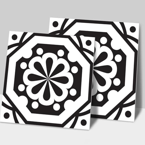 Azulejos Adhesivos Cocina 20x20 cm Flores Negras De Mandala Vinilos Baño Azulejos Impermeable Azulejos Adhesivos Baño Vinilo Pared Decoración de Muebles Azulejos Adhesivos (24 Piezas)