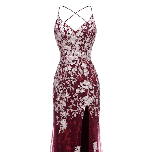 Image of Long Spaghetti Straps Tulle Mermiad Prom Dress V Neck Lace Appliques Formal Dress with Slit SF203