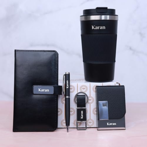 Image of Giftana Personalized Diary with Pen, Coffee Tumbler 510ml, Keychain, Card holder Gift Set, 5 in 1 Personalized Gifting Items for Men and Women, New Year Corporate Gifts for Employee (Black)