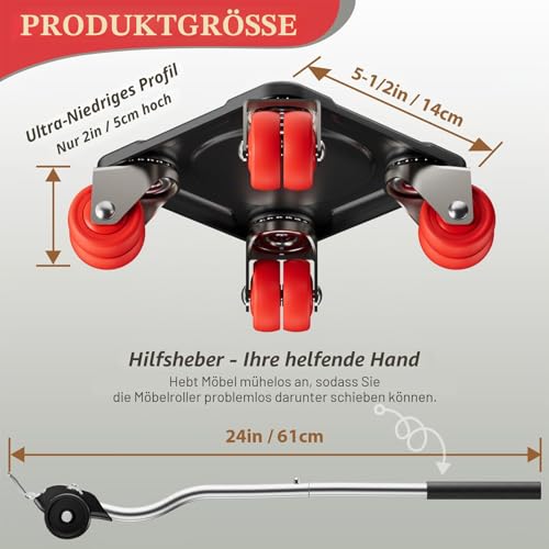 ONEON Möbeltransportrollen Set mit Möbelheber für schwere Möbel, Schwerlast Möbel Transportroller mit Doppelrädern, Verstärkte Karbonstahl-Plattform bis 750 kg belastbar (L, Rot)