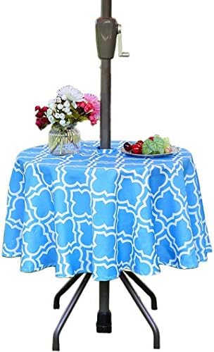 Eternal Beauty 152cm Round Blue Plaid Indoor Outdoor Splashproof Tablecloth with Umbrella Hole and Zipper for Patio Garden Party and BBQ60 Inch