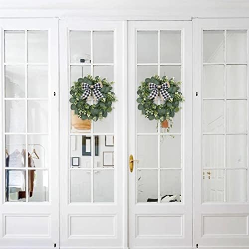 Dremisland 12 Inch Artificial Eucalyptus Wreath Summer Wreath Faux Green Leaves Wreath with Plaid Bow Garland Easter Decor for Front Door Wall Window Porch Farmhouse Garden (12 inch)