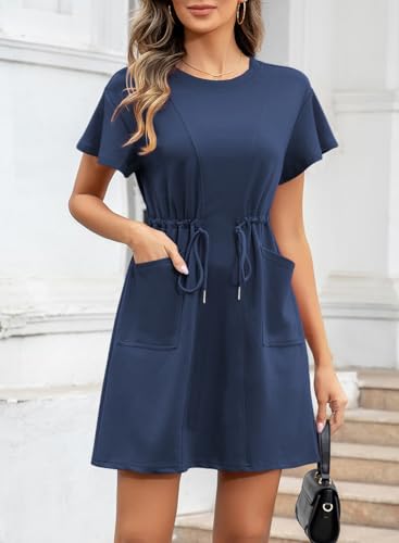 EVALESS Womens Spring Summer Dresses 2025 Casual Round Neck Ruffle Short Sleeve Flowy A Line Mini Dress with Pockets2