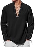 Runcati Mens Medieval Pirate Shirt Steampunk Renaissance Viking Retro Long Sleeve Lace Up Mercenary Halloween Costume Tops Black