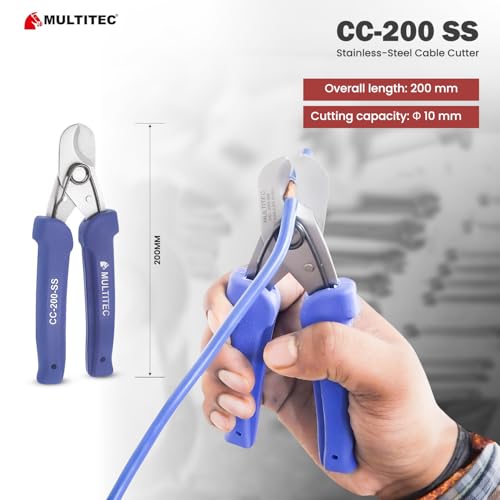 Image of MULTITEC CC-200-SS Wire Cutter & Stripper | Stainless Steel 2-in-1 Electrical Hand Tool for Home & Industrial Use | Manual Cable Stripping & Cutting Tool with Ergonomic Grip and Safety Lock