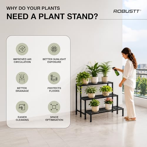 Image of Robustt Set of 3 Metal Balcony Plant Stands for Outdoor Plants Big Size | Rustproof Matte Powder-Coated Garden Stands for Pots | Adjustable Feet | Garden Stands for Pots in Balcony & Terrace