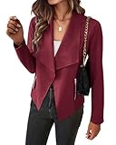 BTFBM Women's Faux Suede Jackets 2024 Spring Fashion Long Sleeve Open Front Cropped Coat Business Outwear with Pockets(Solid Wine Red, X-Large)