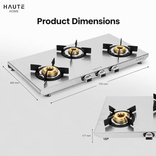 Image of Essencia series 3 Burner Manual Stove | 2MM thick Stainless Steel | 1 Jumbo 1 Medium 1 Small |Door Step Service | 10 year warranty By Haute Home