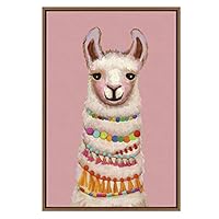SIGNWIN Framed Canvas Wall Art Hip Llama with Colorful Necklaces in Pink Background Animals Wildlife Oil Painting Modern Art Chic Portrait Fun for Living Room, Bedroom, Office - 16