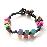 ca. 18 cm Idin Armband-Schwarz mit Messing Glocken und Wachsbänder Bunte Holzwürfel, handgefertigt,