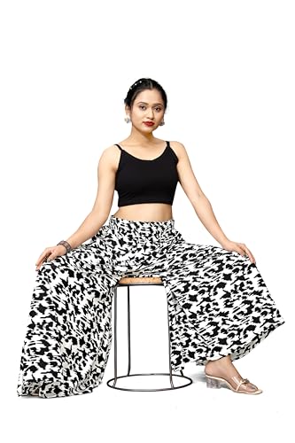 Image of Viscose Rayon Flared Printed Plazzo Palazzo Pants, Loose /Relaxed Fit Regular, Office Wear, Casual Wear Comfortable, Trouser Pants for Girls & Women Black Kerri Design (S to 3XL Size)