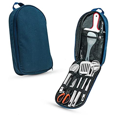 Gonioa Portable Outdoor Utensil Kitchen Set, 9 Piece Camp Kitchen Cooking Utensil Set, Cookware Equipment Kit and Chopping Board, Scissors & Camp Knife, Grill Supplies or Camping, Hiking, RV, Travel Cover