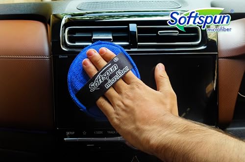 SOFTSPUN Microfiber Reusable Round Polishing Pad, 6 Pieces Set 340 GSM (Blue) Multipurpose. Ultra-Soft Application Pads with Finger Band Perfect Cleaning for Car, Bike, Window and More.…