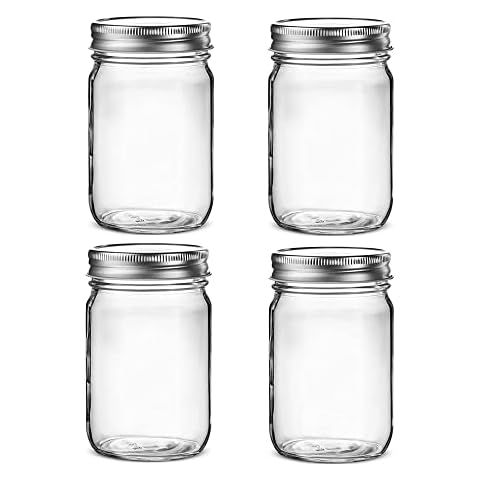 4 pack Glass Regular Mouth Mason Jars, Clear Glass Jars with Silver Metal Lids for Sealing, Food Storage, Overnight Oats, Dry Food, Snacks, Candies, DIY Projects (16 oz) Cover