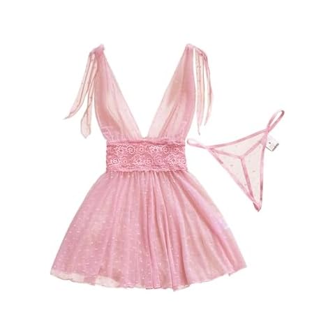 Lilosy Sexy Polka Dots Mesh Sheer Babydoll Chemise Lingerie Set Floral Lace Nightwear Women Deep V Neck Nightgown Sleepwear Slip NightDress with Thong 2 Piece Pink Large Cover