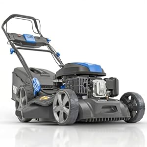 Hyundai Tondeuse à Gazon Thermique 56 cm autotractée avec démarrage électrique, Moteur 4-Temps 196 CC, Mulching et éjection, bac 70 L, 8 hauteurs de Coupe – Edition Noire