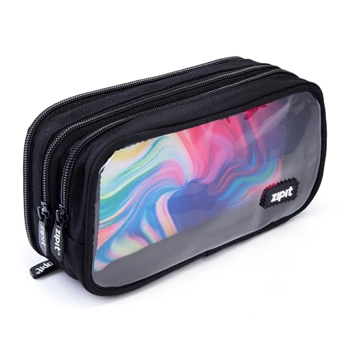 Image of ZIPIT Half & Half Pencil Case, 3 Compartment Zipper Pouch for School, Stationery Bag for Teen Girls Boys and Adults, Black