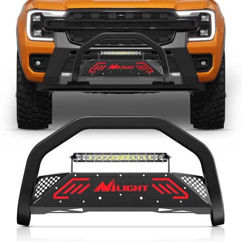 Image of Nilight Bull Bar&License Plate Hole with LED Light Bar Compatible with Ford Ranger 2019 2020 2021 2022 2023 2024 2025 2026 Truck Brush Guard, Front Bumper Push Bar w /Grille Skid Plate Light Mount