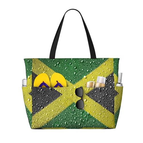 Jamaica Flag Painted On Metal Surface Covered With Rain Drops Beach Bag Women Tote Bag Pool Bag With Zipper For Gym Grocery Travel With Wet Pocket