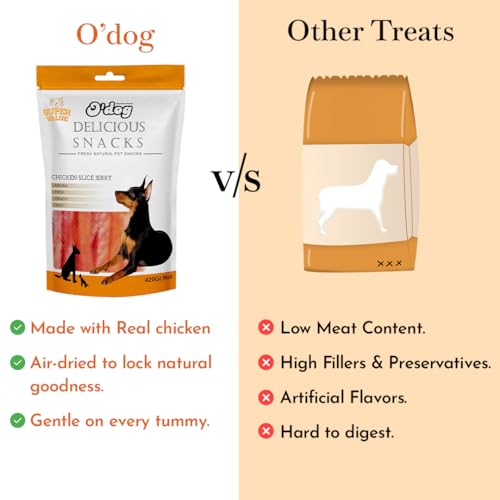 Image of O'Dog Chicken Slice Jerky, Healthy Dog Treats, Chewy Dogs Bites for Training and Feeding, Made with Real Chicken, Non-Vegetarian Pup Snacks for Dogs, Puppies Super Value Pack 420 GMS