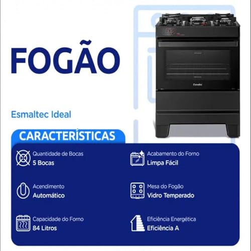 Fogão Esmaltec Ideal Top Glass 5 Bocas T5vap 5126 Acendimento Automático Preto Bivolt