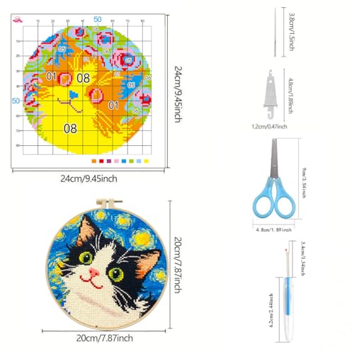 Image of Zhenqing Night Sky Cats Cross Stitch Kit - 3-Piece Set with Pre-Printed 11CT 24x24cm Fabric, Hoop & Tools, Starry Night Theme for Beginners (70413)