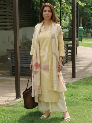 Image of GoSriKi Women Cotton Blend Straight Fit Printed Kurta Pant Dupatta Set | V Neck Three Quarter Sleeve Ensemble | Soft Breathable Fabric | Comfortable Elegant Styling for Office Casual Wear