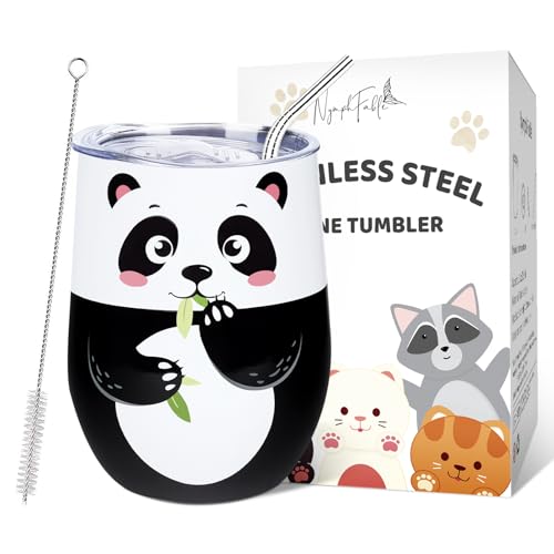 NymphFable Mug Isotherme Café 12oz Acier Inoxydable, Panda Double Paroi Tasse de Voyage avec Paille et Couvercle