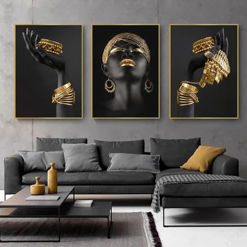 Peinture scandinave femme africaine or grand tableau d'art mural 70x100cm