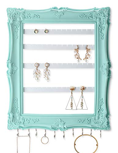 Mymazn Vintage Hanging Earring Holder Display, Earring Wall Organizer, Wall Mount Jewelry Organizer with 10 Hooks for Bracelets, Necklaces,Rings (Aqua)