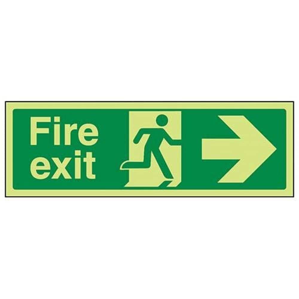 V Safety Glow In The Dark Fire Exit Arrow Right Sign - 600mm x 200mm - Self Adhesive Vinyl