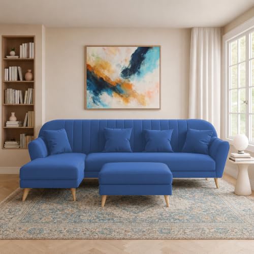 Image of Atticus LHS 6 Seater L Shape Sofa Set with Ottoman Living Room (Blue Colour Fabric) Premium Fabric Sofa Set for Living Room