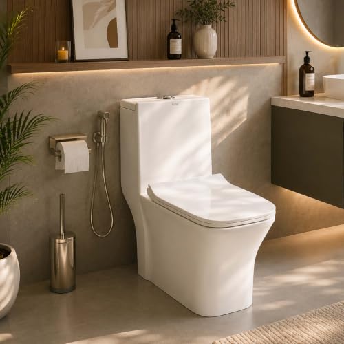 Ruhe Aric One-Piece Western Toilet for Bathroom | S-Trap | White Glossy Ceramic | 27.1 x 14.3 x 29.1 inches | Soft-Close Seat Cover | Rubber Gasket Set | Dual Flushing | Siphonic Flush | Floor Mount