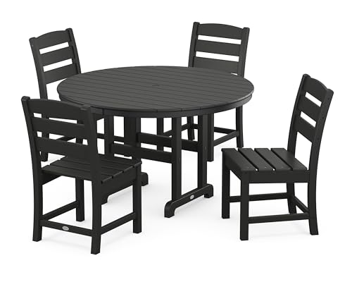 POLYWOOD Lakeside 5-Piece Round Dining Set, 48" Table, 4 Chairs, Outdoor Patio Furniture, Fade-Proof Black Recycled Plastic, Deck Garden Backyard