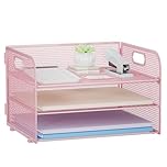 Restorgan 3 Tier Paper Organiser with Handle, Mesh Desk Organiser Letter Tray, Paper Tray Organizer for A4 File Folder, Pink