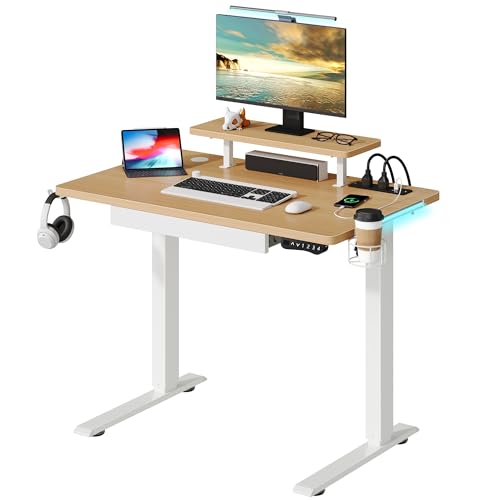 YITAHOME Electric Standing Desk with Charging Station,Sit Stand Desk with LED Lights,2 AC Outlets,2 USB Ports,Height Adjustable Desk with Drawer,Stand Up Desk Heavy Duty Steel 4 Memory Smart Pannel