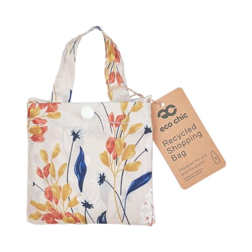 ECO CHIC Lightweight Foldable Reusable Shopping Bag Water Resistant Tote Bag (Flowers Beige) - Image 2