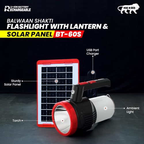 Image of Balwaan Krishi Solar Flashlight with Lantern | 5W LED| 2-in-1 Torch| BT-60S | Type-C Rechargeable Torch, 3 Front & 2 Lantern Modes, 2-in-1 Torch Lantern, Emergency Light for Home